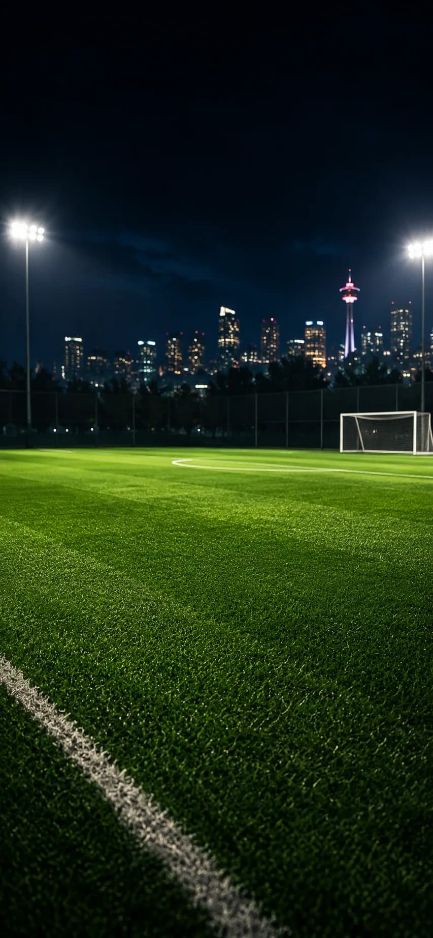 Floodlit soccer pitch with the Calgary skyline behind it at night